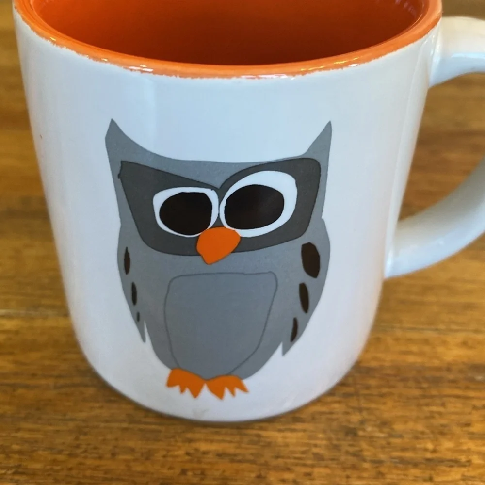 Crate & Barrell small grey owl mug. 8 ounce capacity. White w/orange interior.